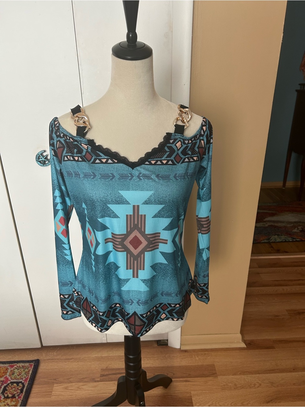 Teal Southwestern-Print Long Sleeve Top with Chain Strap Detail